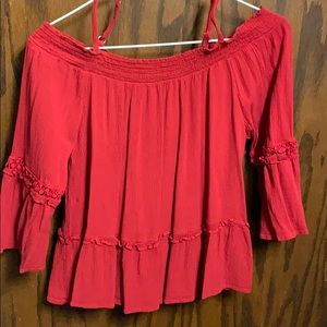 off the shoulder red shirt